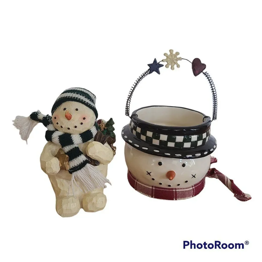 Vintage Wood-Look Snowman Figurine & Ceramic Snowman Bucket Pail Snowman Lot